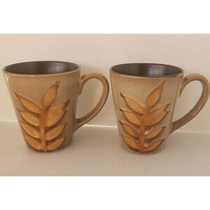 Home Trends Island Leaf Coffee Mug Set Of 2  12oz 4.5" Tea Cup Fall Autumn Tan
